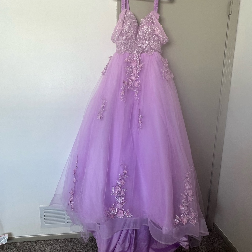 This beautiful lilac ball gown can be worn for prom, quince, and more!